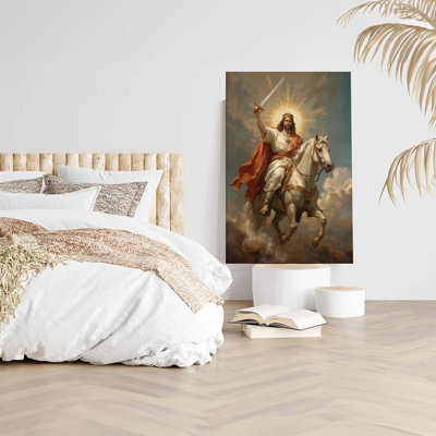 1pc Jesus Canvas Wall Art, Jesus on a White Horse, Holding a Sword with Holy Light, Religious Baroque Poster Framed Christian Painting Room Wall Decor