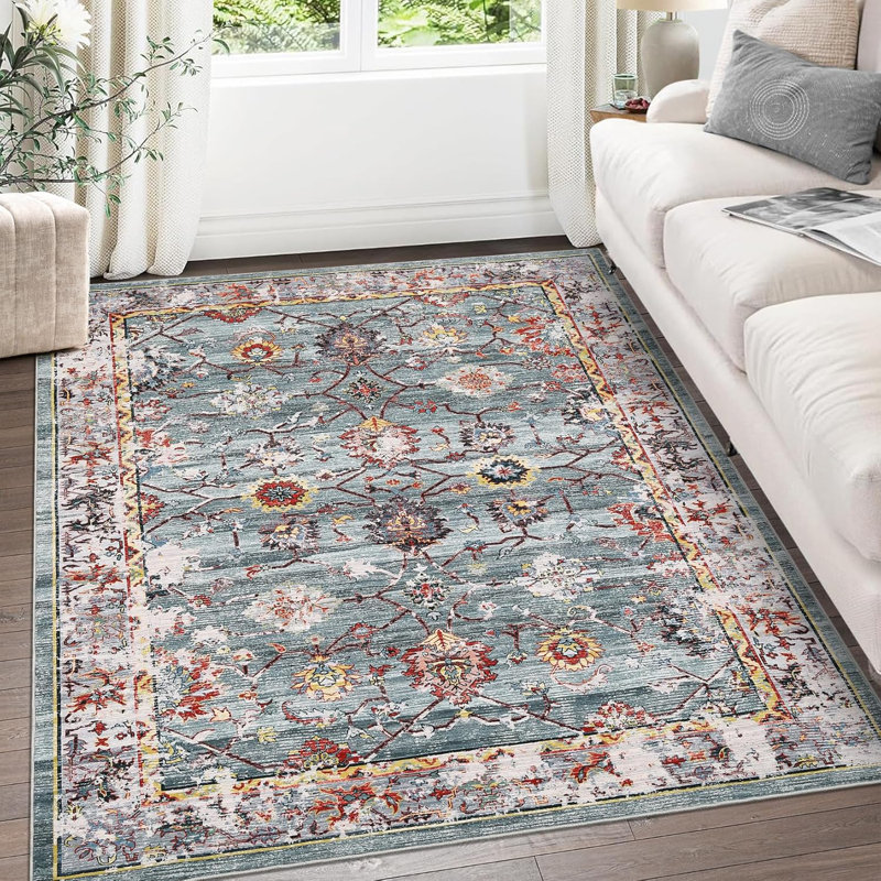 5'x7' Vintage Decorative Area Rug, Polyester, Washed Back, Folding Printed Oriental Traditional Persian Design, Non-Shedding, Easy Care, Ideal Green.