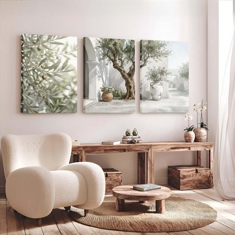 Ensemble de 3 toiles murales représentant un paysage d'oliviers et de jardin, pour la décoration du salon, H 24 po x l 48 po