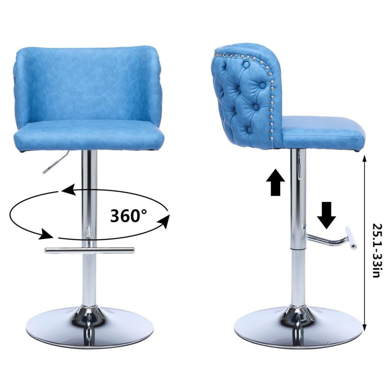 Zager Swivel Adjustable Height Bar Stool, Modern PU Leather Kitchen Island Counter Bar Chair , Blue Seat/ Silver Frame