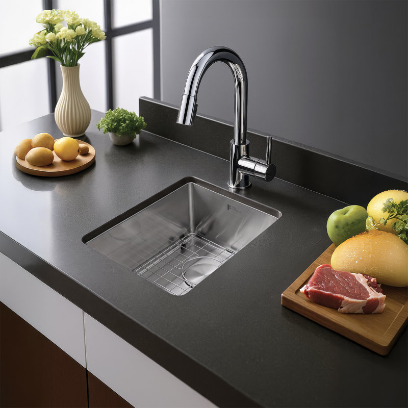 Évier de cuisine à simple cuve en acier inoxydable calibre 16 avec coins arrondis encastrés Fine Fixtures