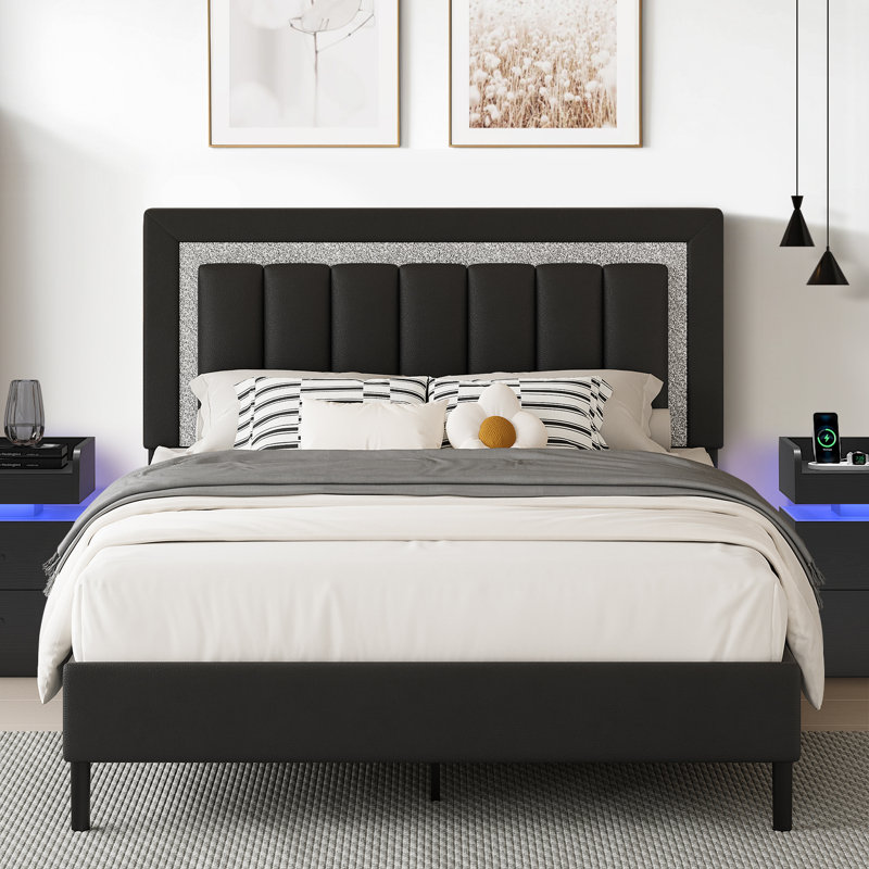 Diamond Tufted Upholstered Platform Bed Frame  with  Matching LED Nightstands Bedroom Set, Queen, Black