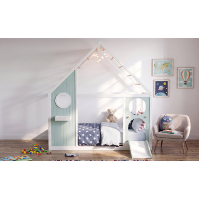 Lit simple avec glissade, bande lumineuse en boule, lit plateforme en bois avec façade, panneau d'ameublement amusant - bleu