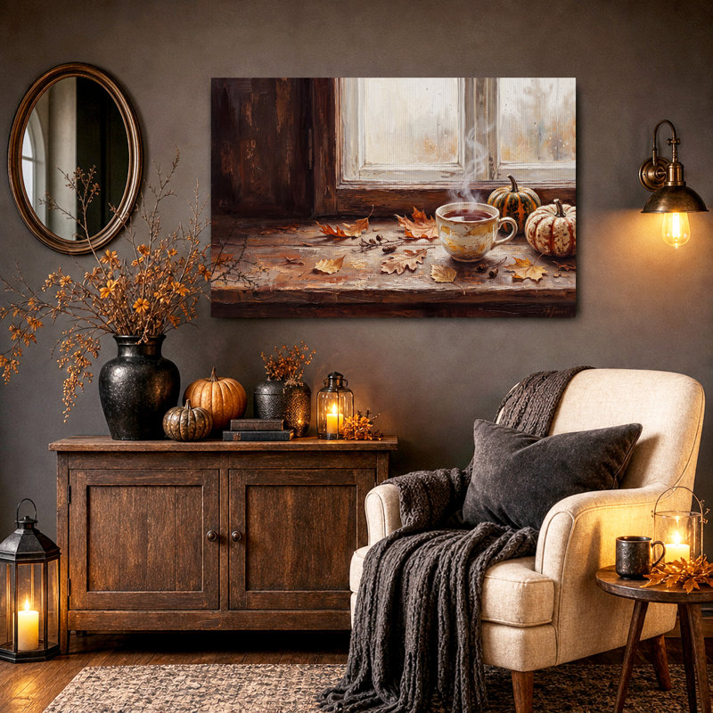 Tasse de thé fumante et citrouilles près d'une fenêtre pluvieuse - Toile murale d'Halloween, H 36 po x l 48 po