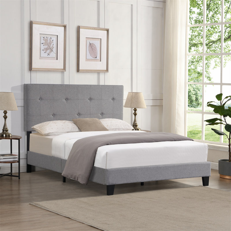 Upholstered Platform Bed Frame with Linen Fabric Headboard, No Box Spring Needed, Wood Slat Support, Easy Assembly