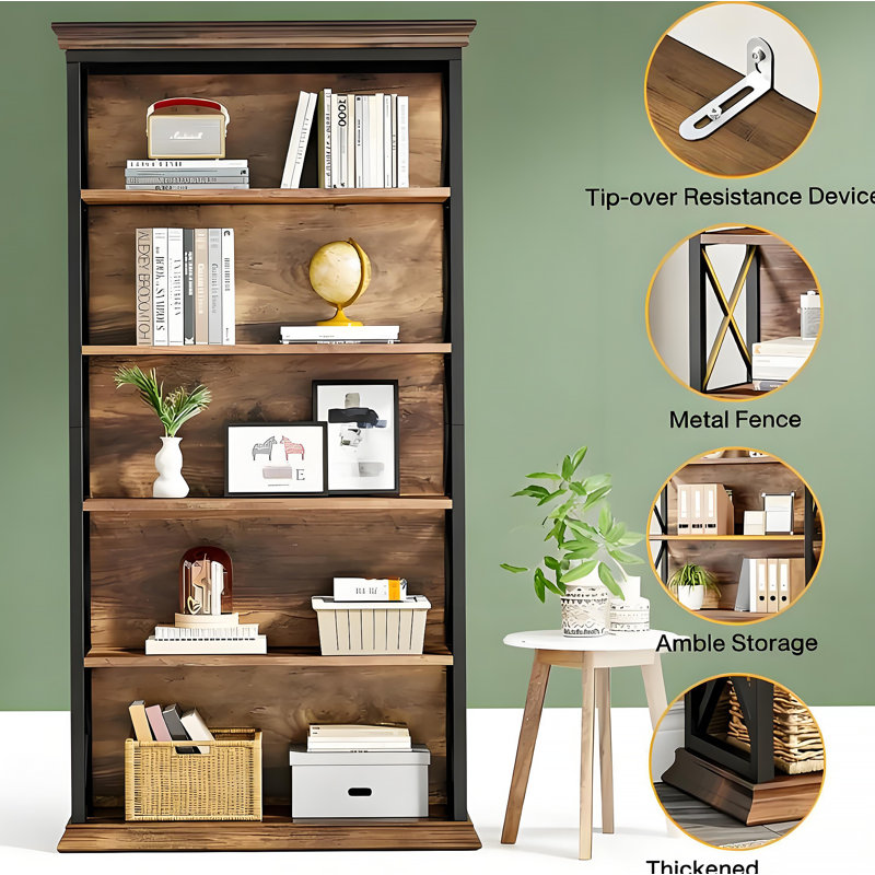 Bibliothèque élégante et spacieuse en métal et en bois avec accents en X, parfaite pour le rangement à la maison ou au bureau et pour améliorer l'esthétique.