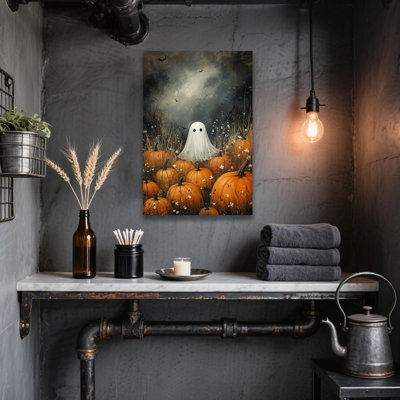 Vintage Halloween Canvas Wall Art, Cute Ghosts In Haunted Forest Poster, Funny Spooky Lighted Pumpkin Print Decorations, Dark Academia Halloween Pictures Wall Decor Unframed