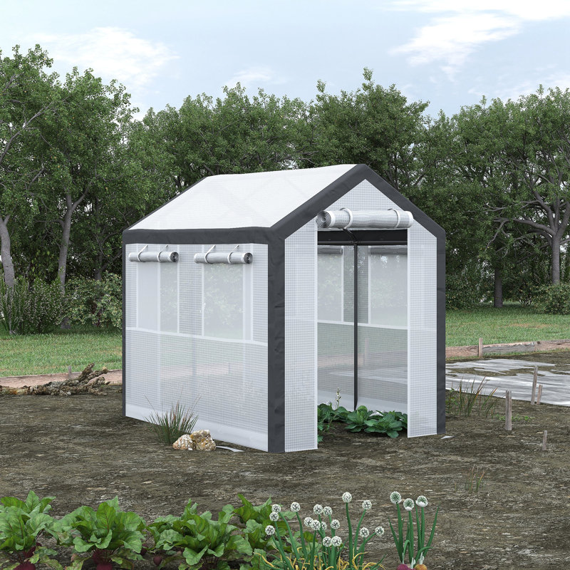 8'X6'x7.5' Walk-In Greenhouse, Outdoor Plant Nursery With 6 Windows, 2 Zippered Doors & Protective Cover, White Weather-