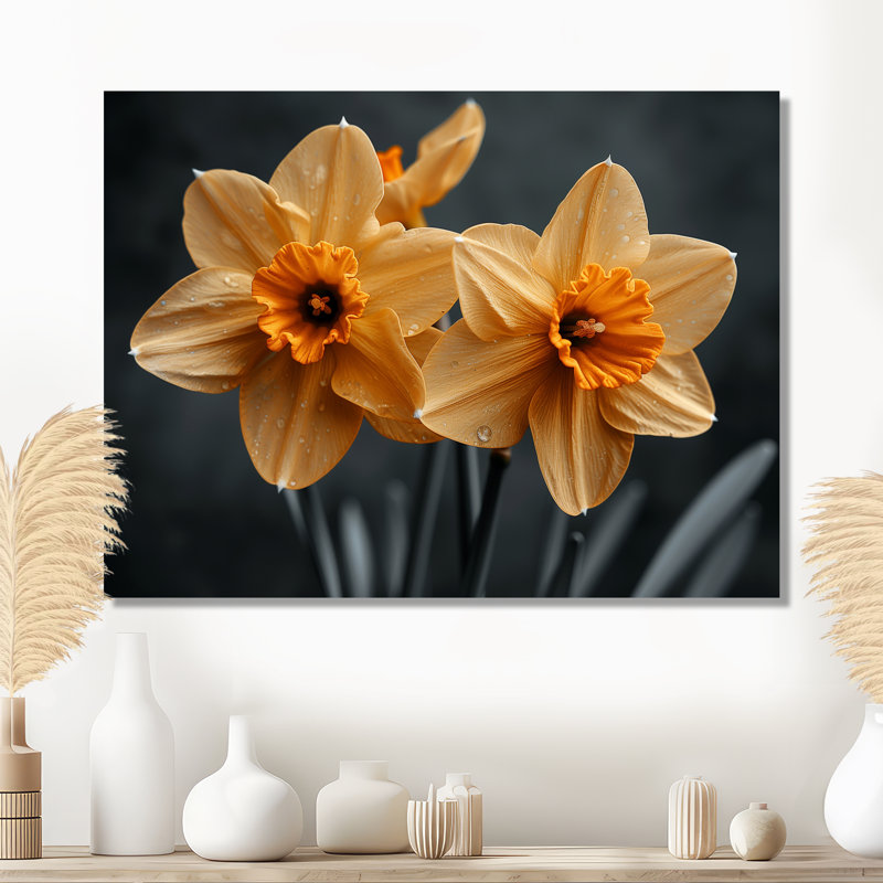 Monochromes jaunes et gris lumineux, jonquilles de luxe - jonquilles murales, Sans cadre, métal, H 16 po x l 32 po