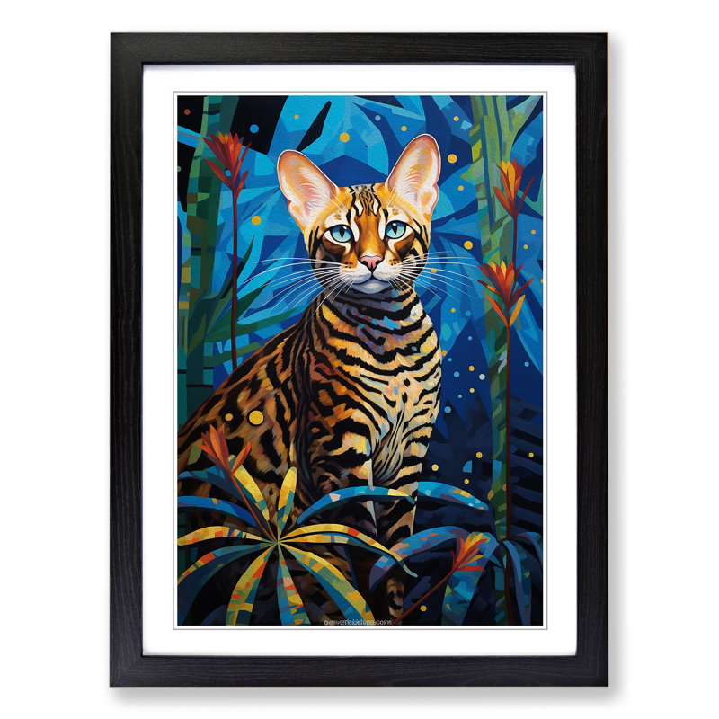 Bengal Cat Art Deco - Single Picture Frame Print on Wood, Black Framed, 64cm H x 46cm W x 2cm D