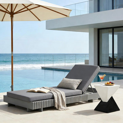 Dark Grey Acacia Solid Wood Outdoor Chaise Lounge with Dark Grey Water-Repellent Cushion, 400lbs Capacity, Modern Patio Sun Lounger for Garden, Poolsi