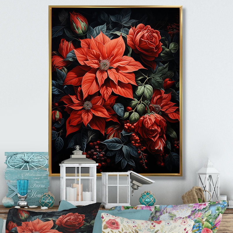 Danzell Poinsettia Flower Noir II - impression, H 20 po x l 12 po x P 1 po, Cadre flottant doré