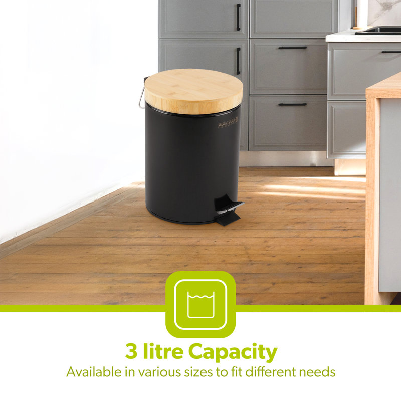 ROYALFORD Pedal Bin with Bamboo Lid and Removable Basket - Soft Close Round Waste Container for Kitchen, Bedroom, Bathroom, Office