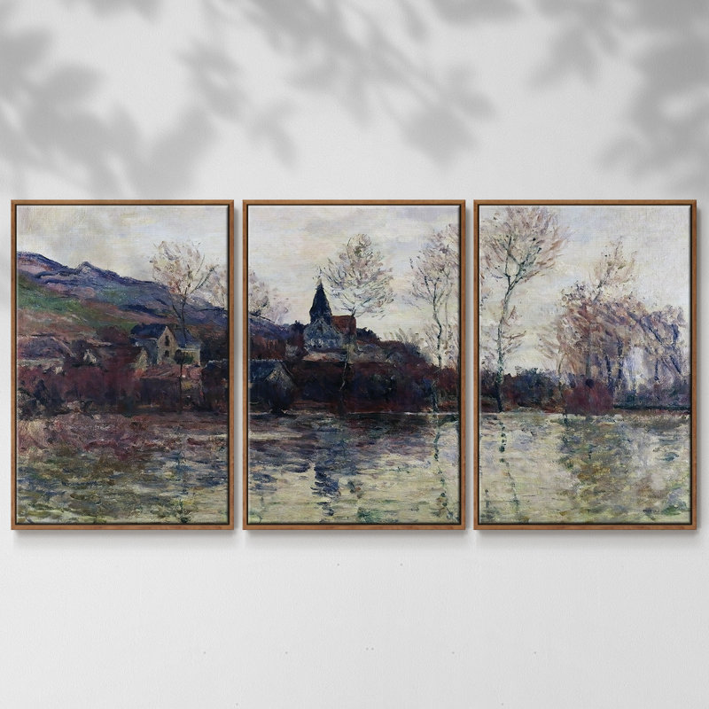 Flood at Giverny, 1886, reproduction d'art sur toile encadrée 3 pièces, H 24 po x l 48 po x P 2 po, Noyer