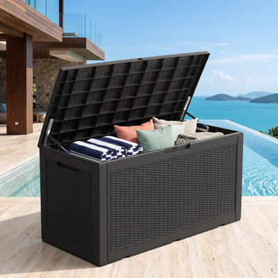 110 Gallon Weatherproof Outdoor Deck Storage Box with Lockable Lid & Resin Construction, Black