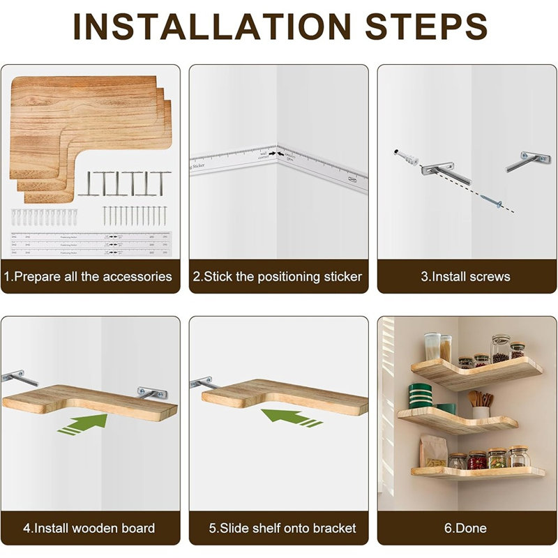 Ensemble de 3 tablettes de coin flottantes, tablette murale en bois massif, tablettes flottantes pour le rangement de la chambre à coucher, de la cuisine, de la salle de bain et du salon (lumière brûlée)