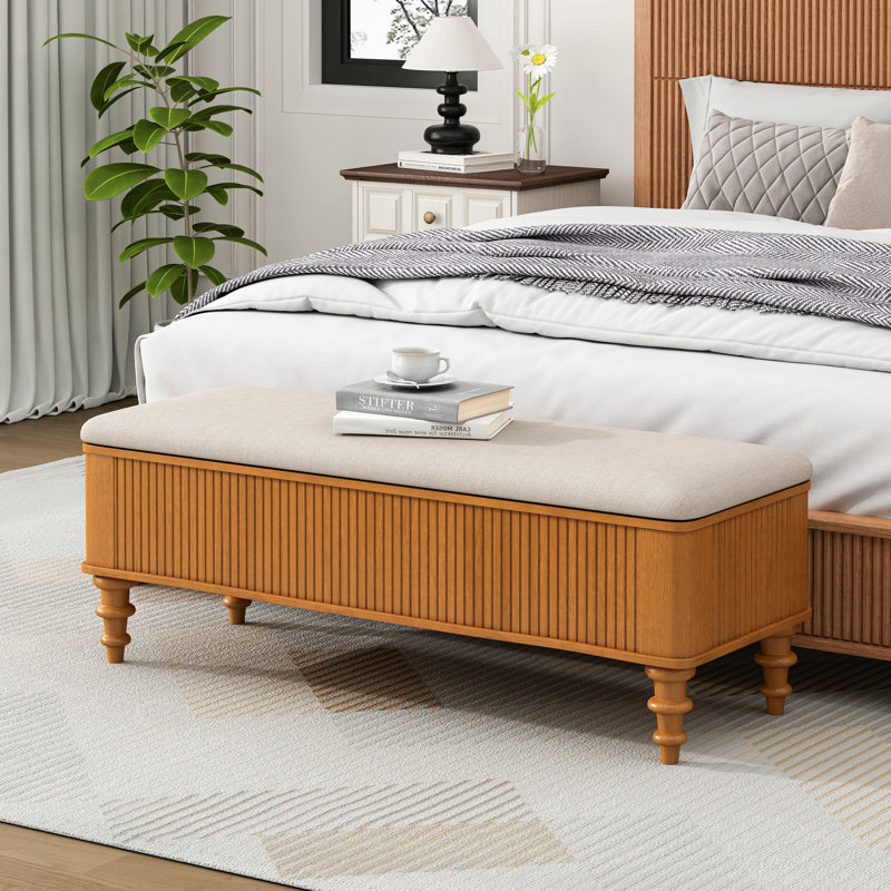 Banc de rangement avec repose-pieds en bois d'hévéa massif de 50,8 pouces avec siège en lin, banc de rangement pour chambre à coucher, range-chaussures pour chambre à coucher, salon, vestibule, garde-robe
