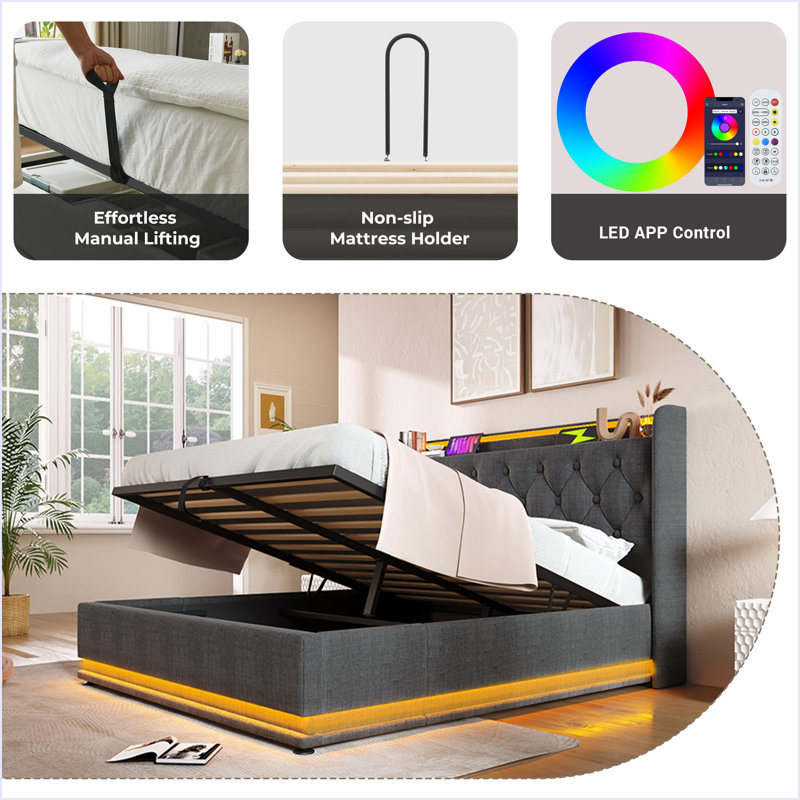 Upholstered Bed, 360 Surround LED Function, Buttons/Apps/Remote Control, Hydraulic Storage Bed With USB Type-C Charging, Grey
