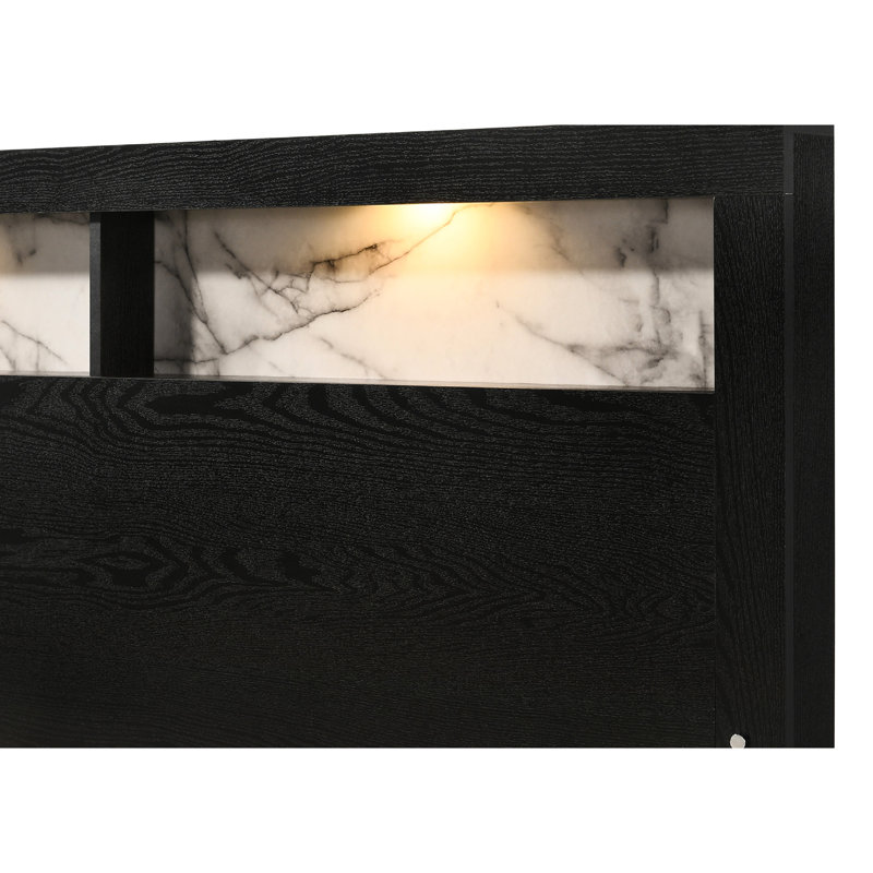 Queen Panel Bed, Led In Headboard, High Decorative Back, Contemporary Style, Black Finish Size Built - Shelving, Faux Marble, Modern Bedroom Bed