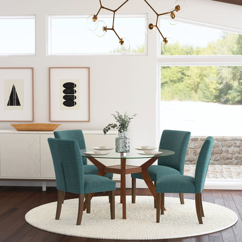 Lot de 2 chaises de salle à manger Conifer bleu sarcelle rembourrées - Modèle sans accoudoirs offrant confort et soutien, pieds carrés en bois brun, structure en bois d'hévéa, idéal pour une utilisation dans une pièce de style contemporain, confortable