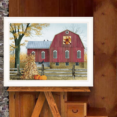 «Autumn Leaf Quilt Block Barn» par Billy Jacobs, reproduction d'art sur papier encadrée