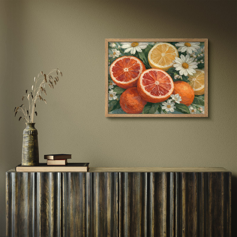 Citrus Floral Framed Wall Art Prints - Grapefruit lemon with daisies for kitchen, Naturel, H 11 po x l 14 po
