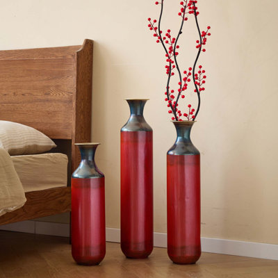 Ensemble de 3 vases artisanaux en métal au fini feu de style industriel rustique (ensemble de 3)