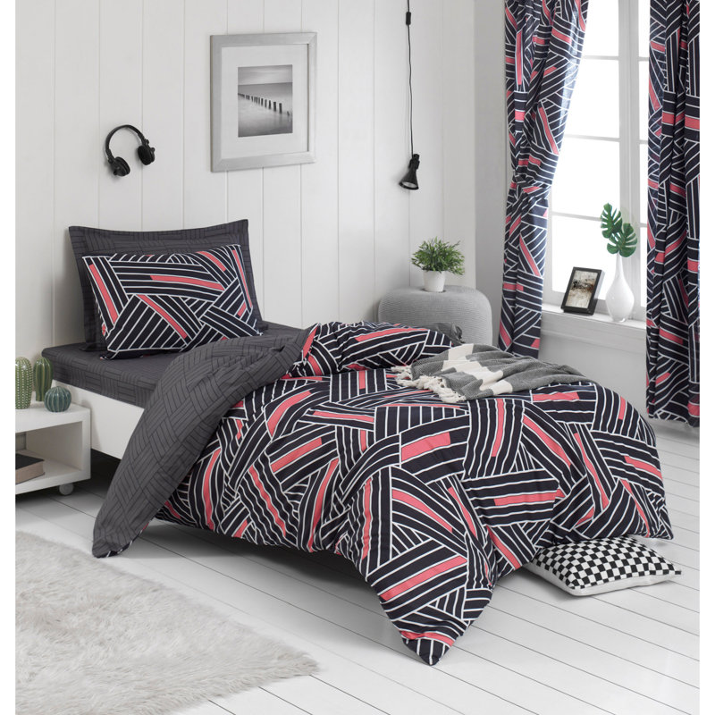 Ensemble de housse de courtepointe 100% coton anthracite et rose Ranforce, 94,5 po x 86,6 po | 2 taies d'oreiller (23,6 po x 27,6 po) | Doux, durable, lavable à la machine, impression de pigment élégant, fermeture à boutons, parfait pour les chambres 