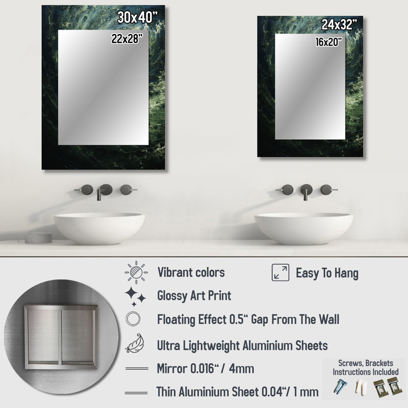 «Green» et «Green», spirales abstraites - miroir mural décoratif abstrait, 32 po x 24 po