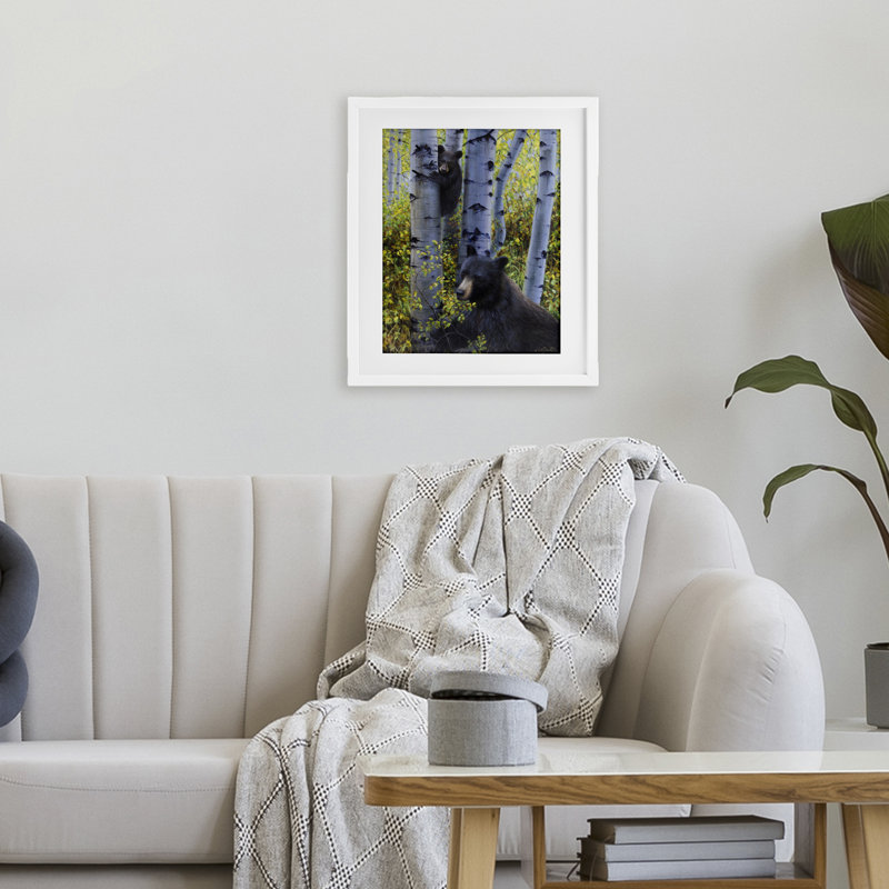 «Deux ours en automne», reproduction encadrée sous verre, conception de James Corwin, H 21 po x l 17 po, Cadre blanc côtier