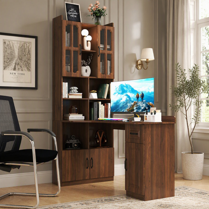 Bureau de coin en L pour ordinateur, de style moderne, avec tiroirs, étagère et rangement, design 2 en 1, grand espace de travail.