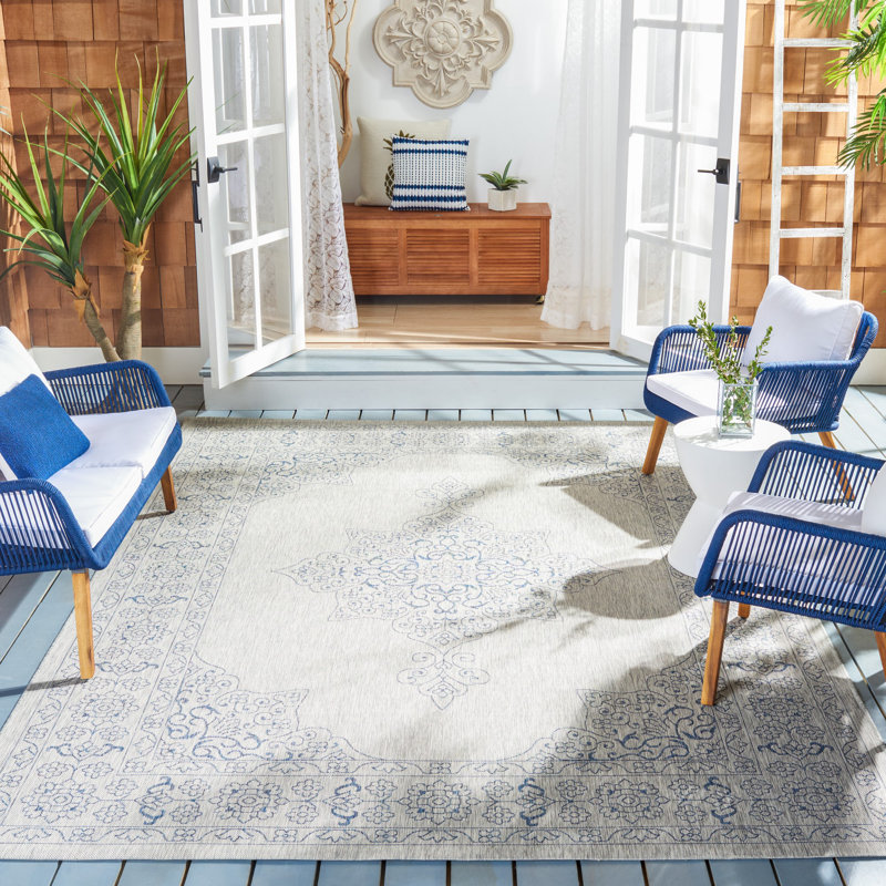 Arneshia Southwestern Aqua Indoor/Outdoor Area Rug, Rectangle 6'7" x 9'6"
