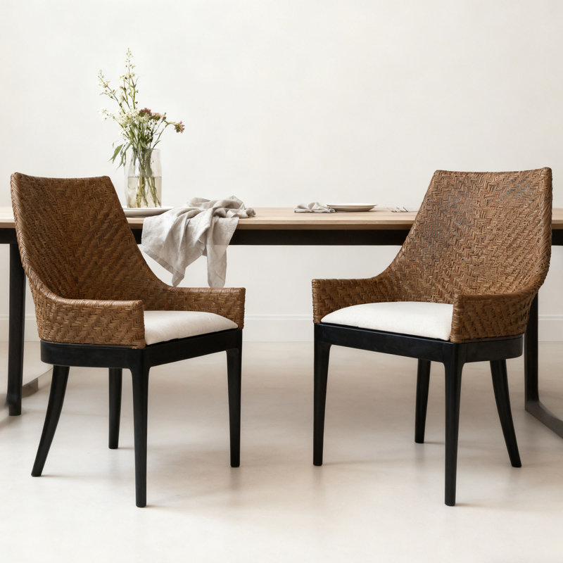 Handwoven Rattan Upholstered Solid Wood Legs Accent Chair
