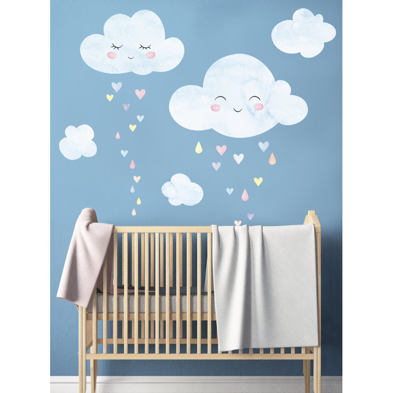 Autocollants muraux aquarelle avec nuages et pluie de cœur