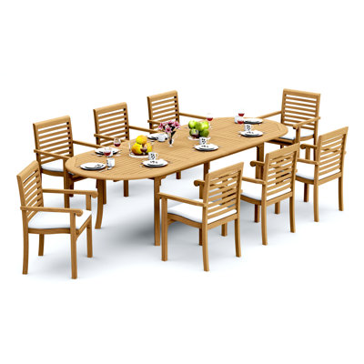 Ensemble de salle à manger 11 pièces en bois de teck de qualité A: table ovale à double extension de 94 po et 10 chaises empilables Alvarez # 11HR2210