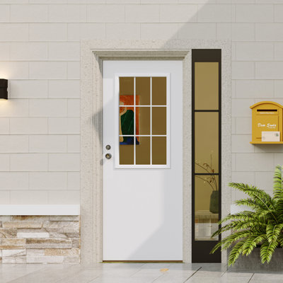 Entry Door Slab With Lock Set – 9-Lite Clear Glass & Solid Panel, White Primed Solid Wood, Stainless Steel Deadbolt & Handle Keyed Alike
