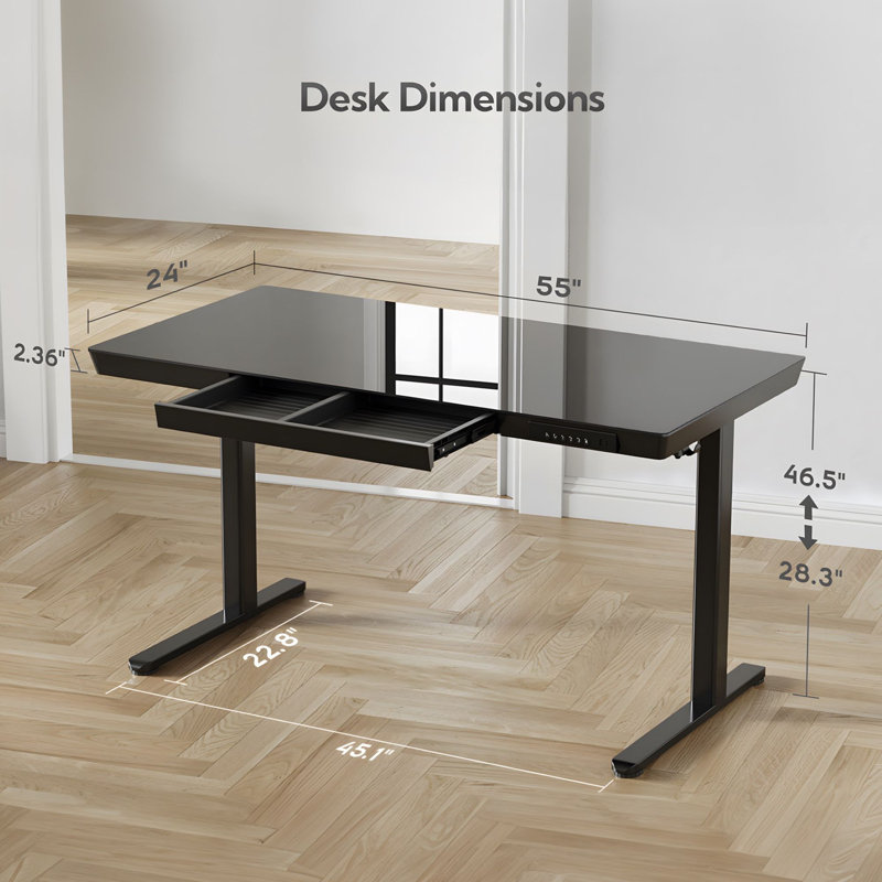 Bureau debout à hauteur ajustable en verre Seila, bureau d'ordinateur avec tiroir, port USB et port de type C, Noir