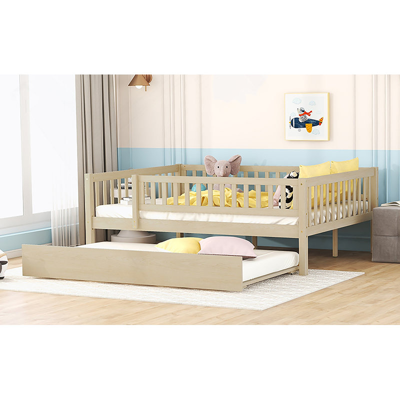 Wood Daybed With Trundle And Fence Guardrails, Natural, Full/Double