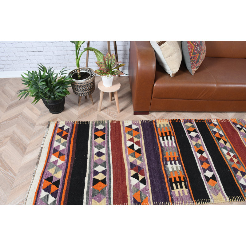 Chemin de table turc turc Herki Kilim en mauve avec rayures et motif idéal pour les couloirs et les couloirs
