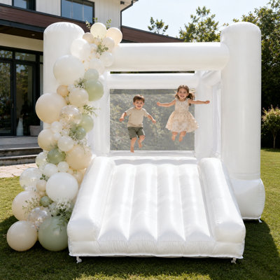 11' x 8' White Bounce House with Slide & Air Blower, Oxford Fabric Indoor/Outdoor Bouncy Castle for Kids