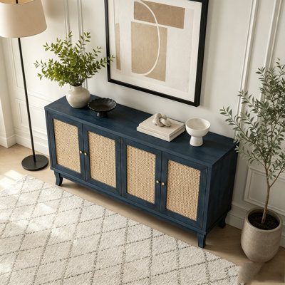 Rattan Sideboard Buffer Cabinet with 4 Rattan Doors and Adjustable Shelves