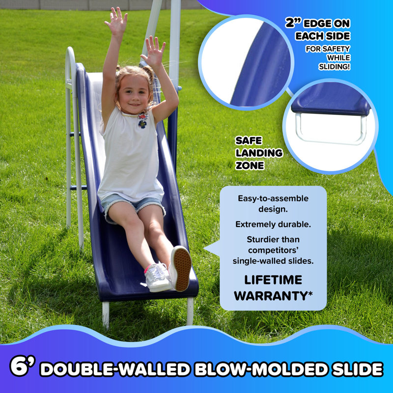 Blue Metal Outdoor Swing and Slide Set with Glider