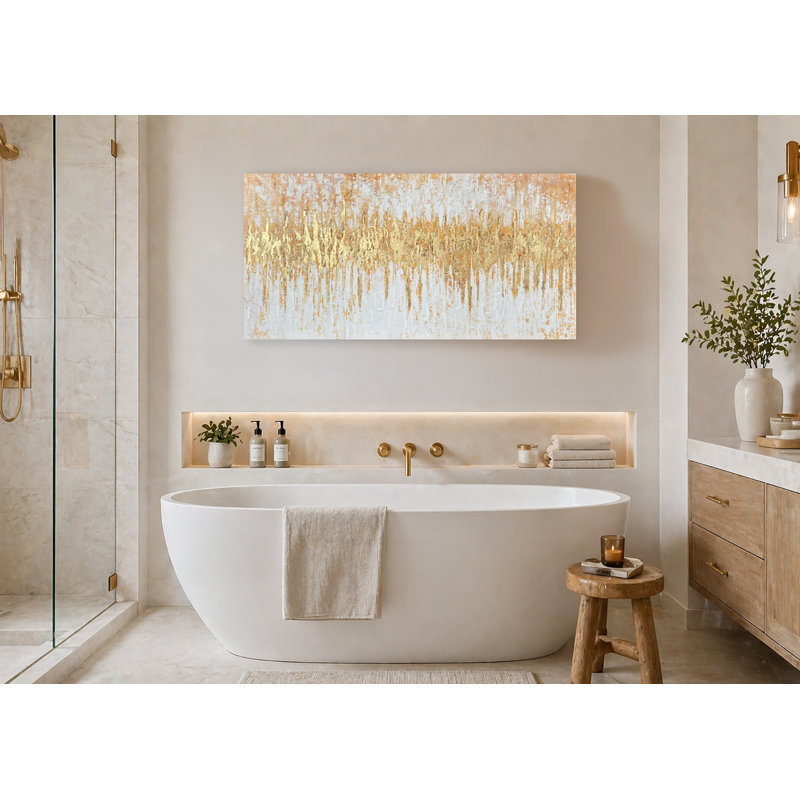 Gold Textured Abstract Canvas Wall Art, Handmade Texture & Foil Effect, Neutral Horizontal Decor, 48" W x 24" H