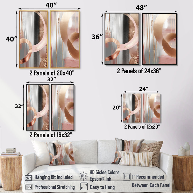 «Pink Rosegold Circle Chaos V» - Art mural moderne, H 40 po x l 40 po, Impression encadrée flottante, Doré