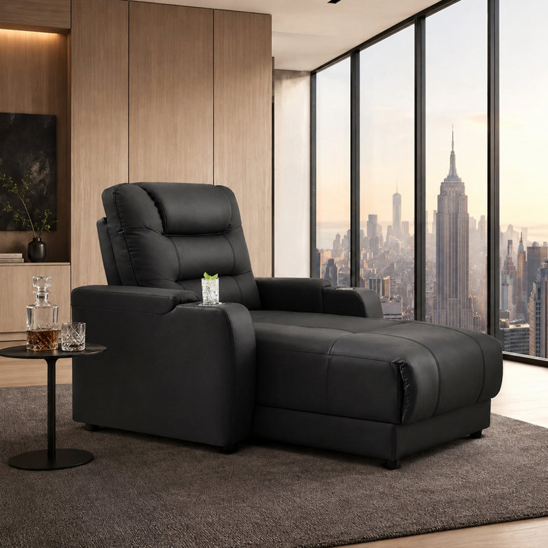 Oversized Power Recliner Chair With Wireless Charging and Cup Holder, Faux Leather Home Theater Seating(Black,Set Of 1)