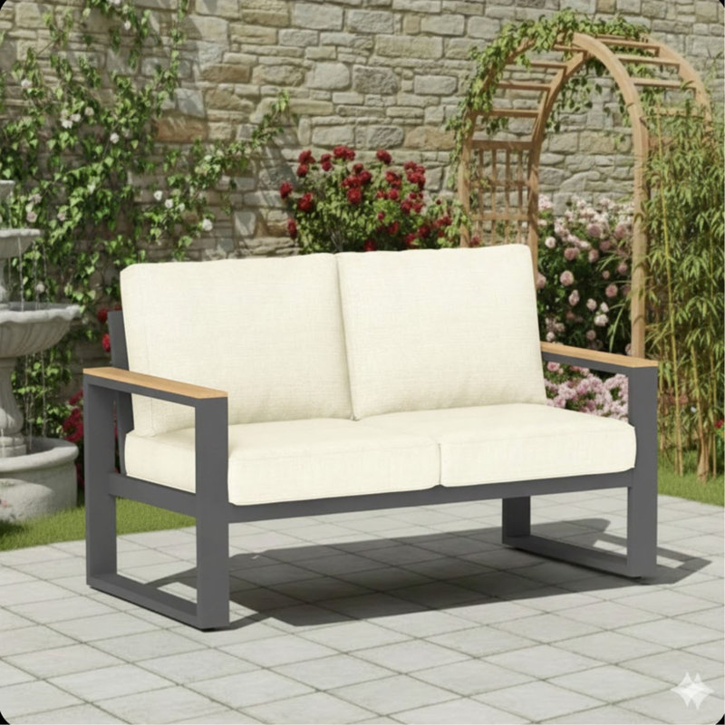 Canapé de terrasse 52 po en aluminium toutes saisons avec coussins beiges épais