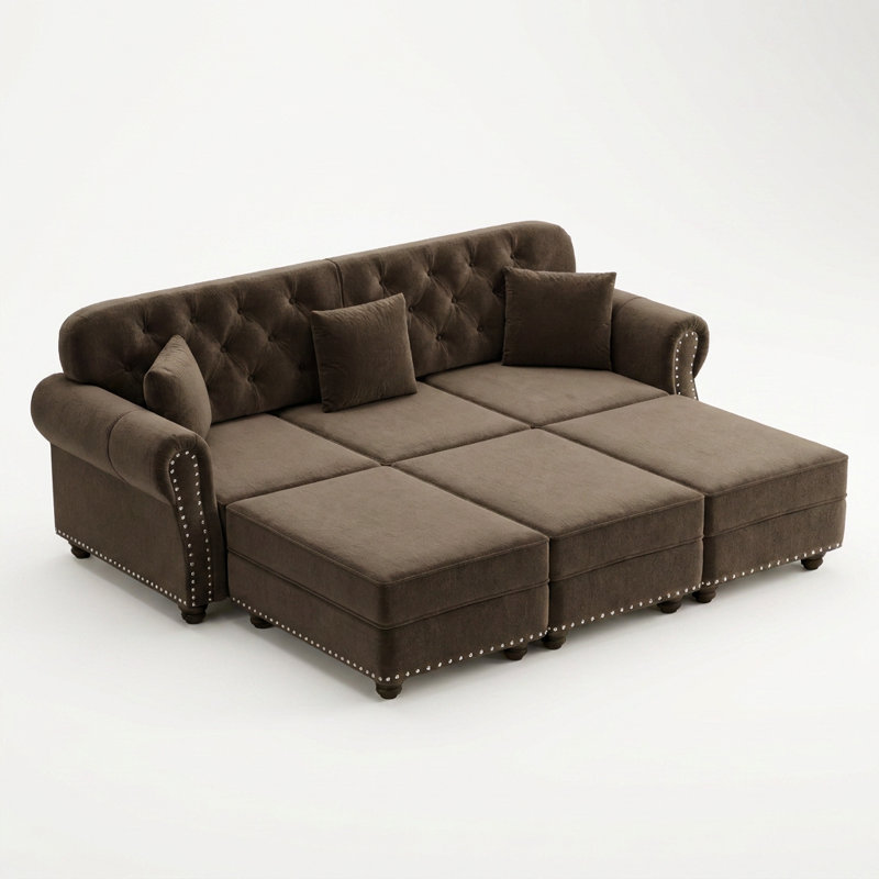 Canapé Chesterfield 82,6 po Mid-Century moderne avec capitonnage à boutons, garniture cloutée, accoudoirs roulés, coussins