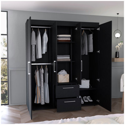 Armoire Bariloche, rangement multi-sections avec tringles de suspension, tablettes et 2 tiroirs