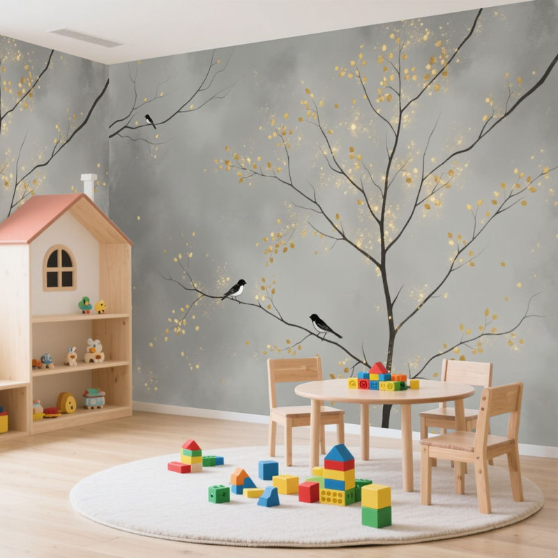 Papier peint adhésif auto-adhésif pour la chambre à coucher à motif de branches dorées délicates et grises dorées L 144 po x l 100 po Peel and Stick