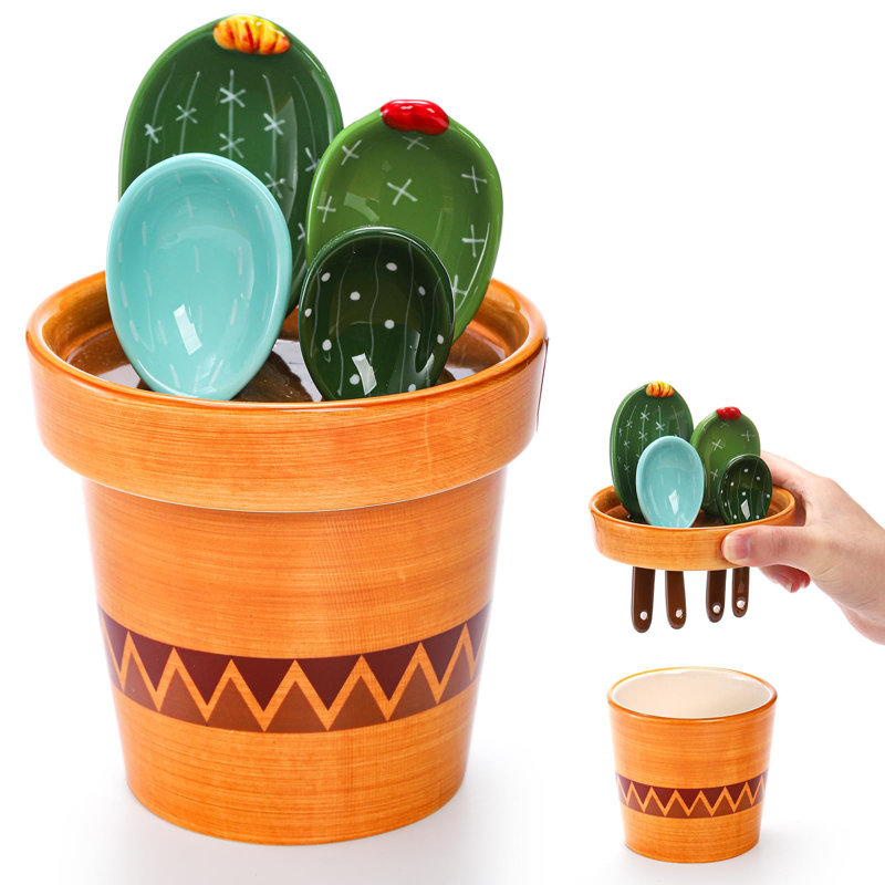 5Pcs Ceramic Measuring Spoons In Pot, Cactus Shape Baking Measuring Spoons And Cup Decorative Cactus Figurine Measuring Spoons Set